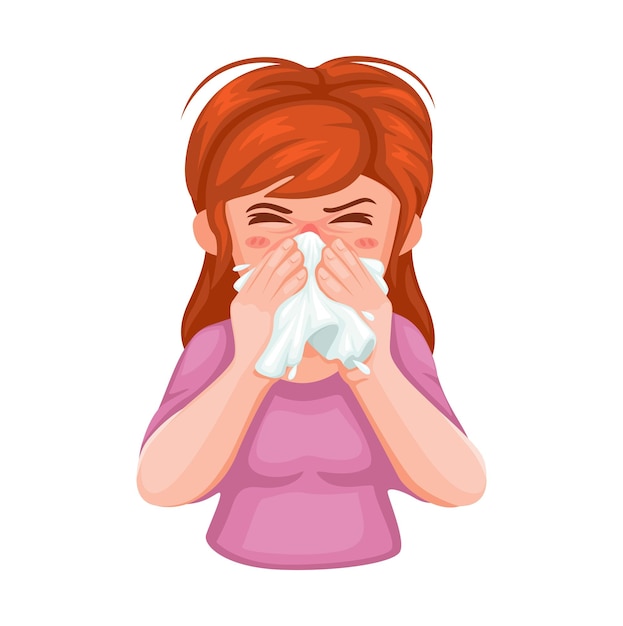 girl sneezing and sick influenza cartoon illustration vector