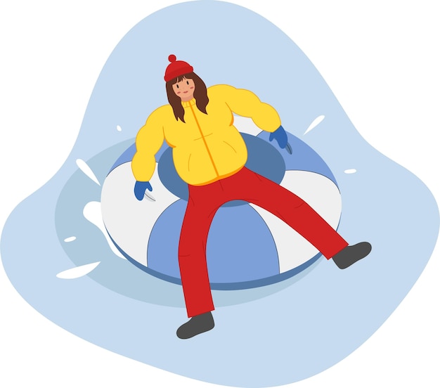 girl on snow tube riding downhill, winter activities for family people vector. slopes downhill