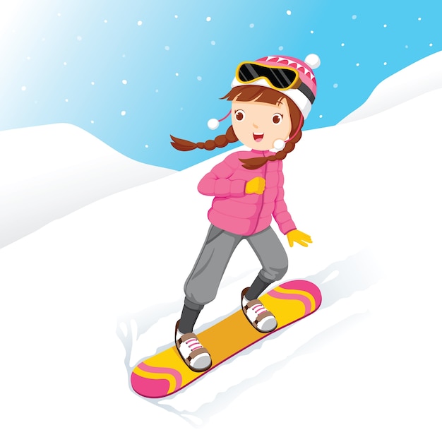 Girl snowboarding, snow falling, winter season