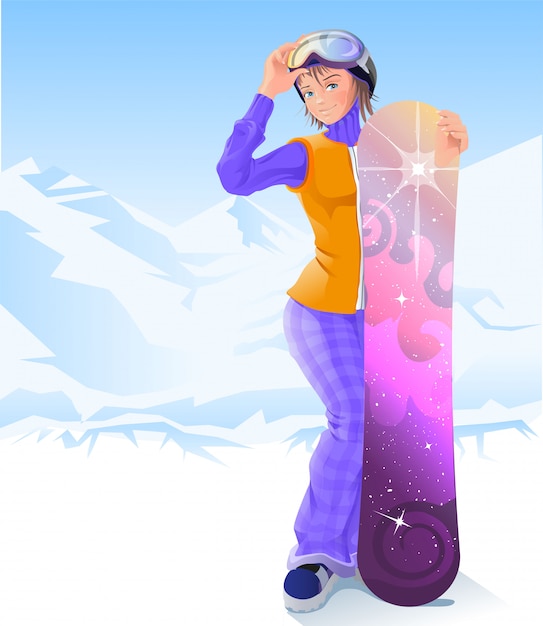 Vector girl and snowboarding, winter sport