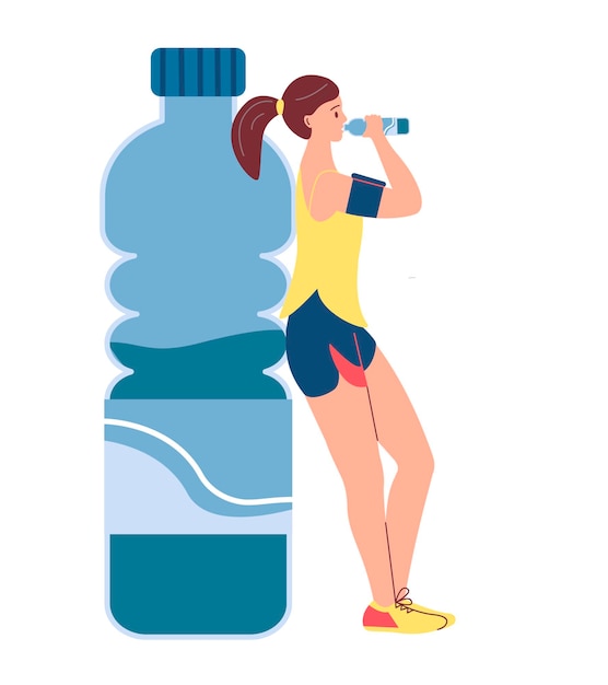 スポーツ服を着た女の子がボトルから水を飲む