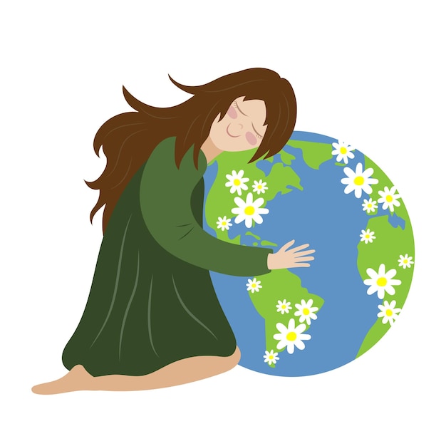 A girl squatting and hugging with love and care the planet Earth blooming with daisies Save planet