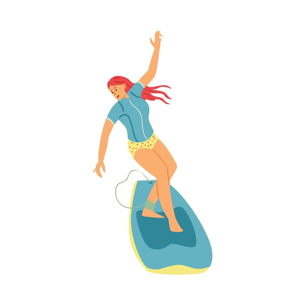 Girl stand on surfboard and engaged extreme sport surfing in ocean waves