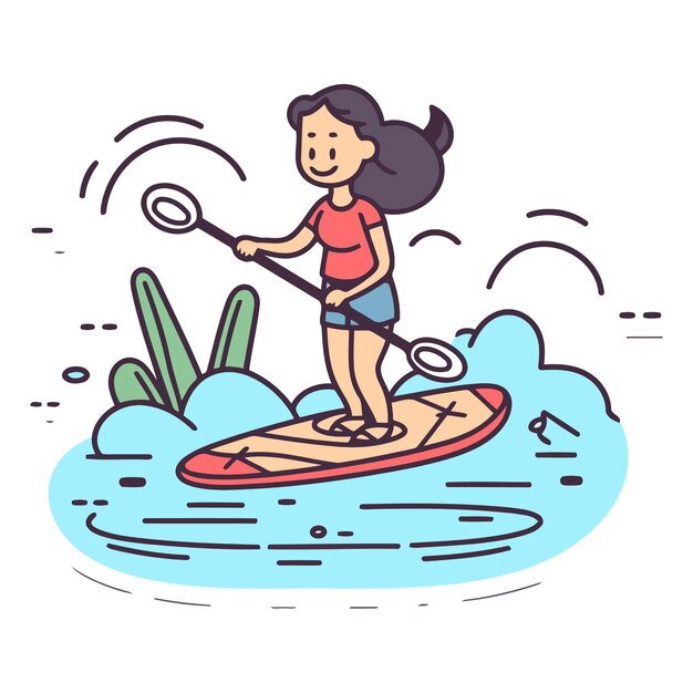 Vector girl on a stand up paddle board in the sea