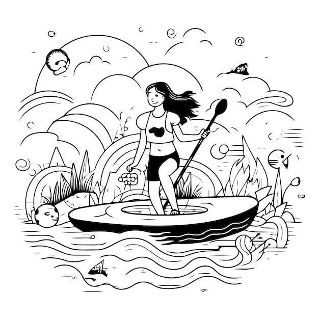 Vector girl on a stand up paddle board vector hand drawn sketch illustration