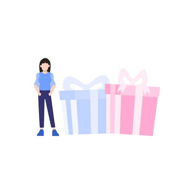 A girl standing next to a big gift box with a pink bow.