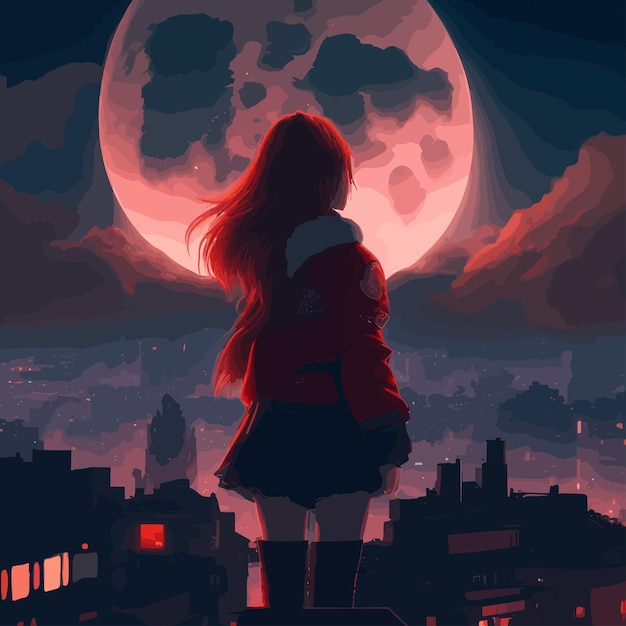 A girl standing on a ledge looking at the moon