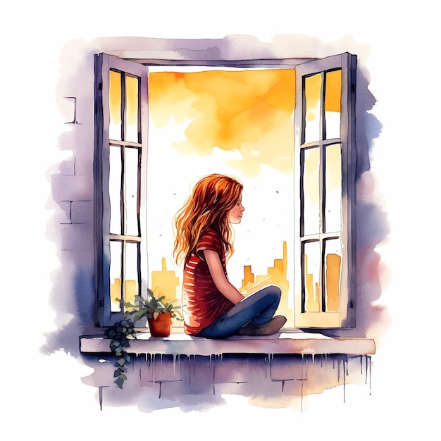 窓のそばに立っている女の子水彩画