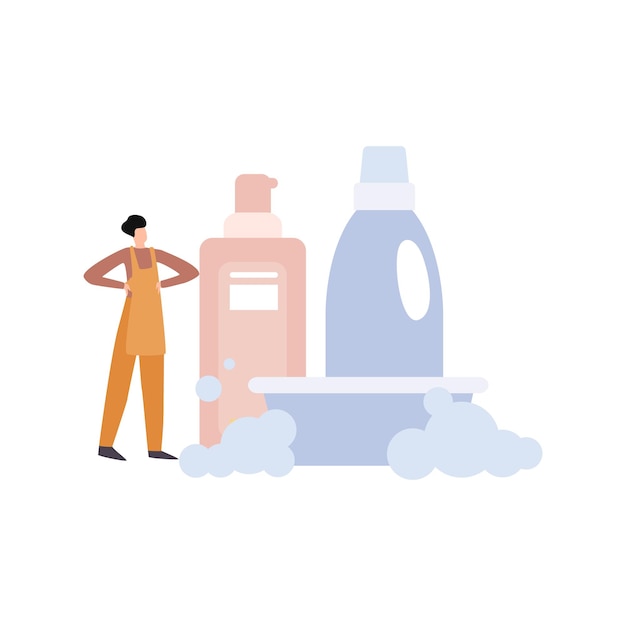 Vector girl standing with cleaning products