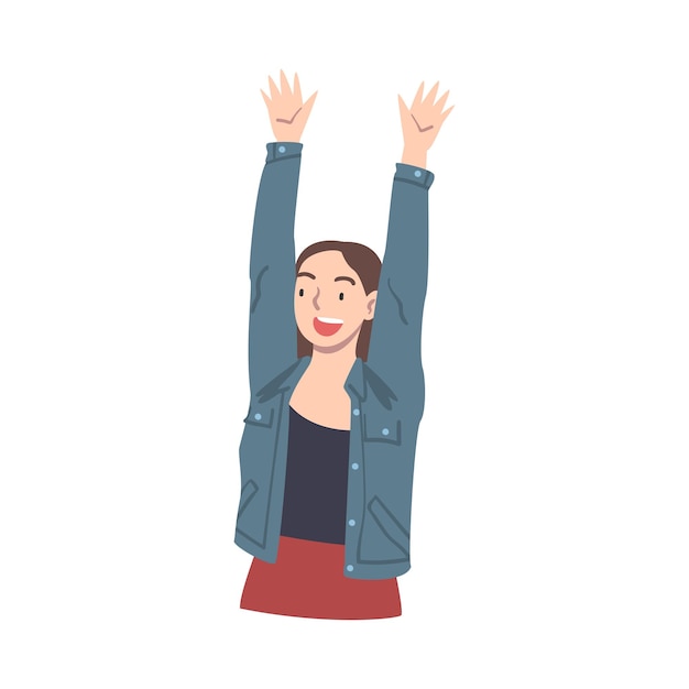 Girl Standing with Raising Hands Cheerful Girl Having Fun or Celebrating Success Cartoon Vector Illustration