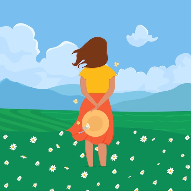 Vector a girl stands on a chamomile field and admires nature