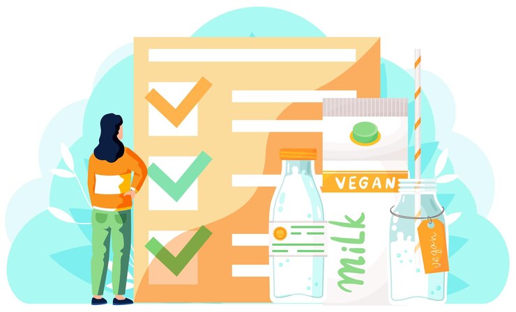 Vector a girl stands and examines marked checklist on the background veganism concept vegan milk