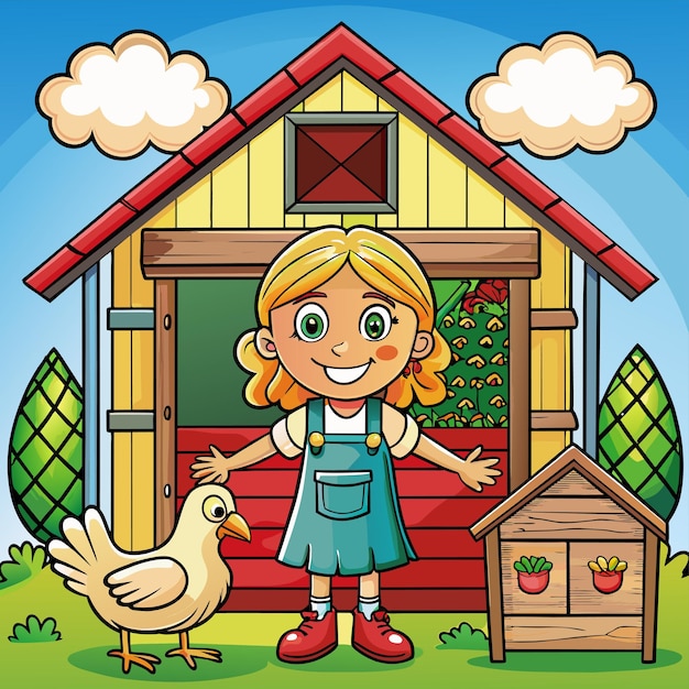 Vector a girl stands in front of a chicken house with a chicken