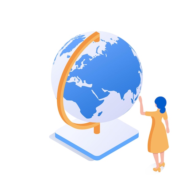 A girl stands in front of a large globe the concept of exploring the world study