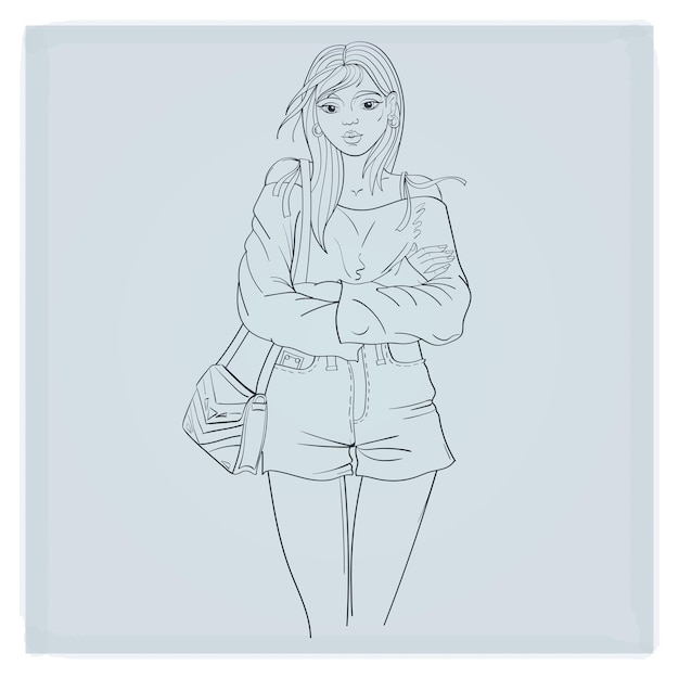 Vector the girl stands in a pose with her arms crossed the wind sways her hair long sleeve sweater shorts purse hand drawing sketch outline isolated vector illustration