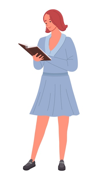 Vector girl stands and reads a book education hobby concept vector illustration