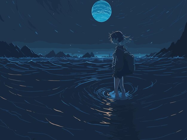 Vector a girl stands in the water in front of a full moon