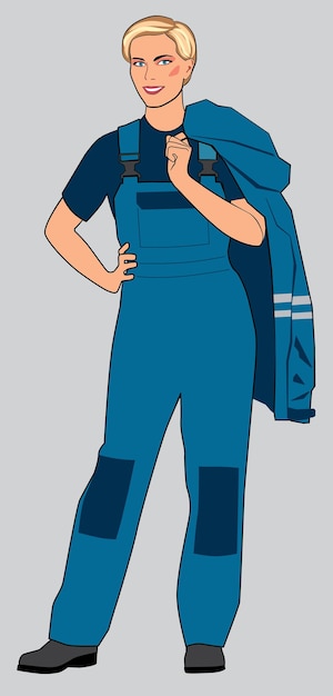 A girl stands in a working blue overalls Figure in full growth