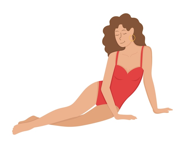 A girl in a straw hat is relaxing on the beach. Flat doodle clipart. All objects are repainted.