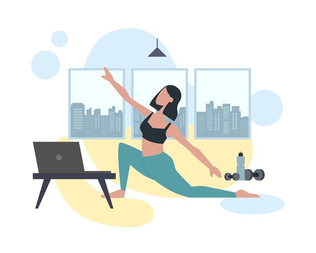 Vettore ragazza si allunga da sola donna sta facendo fitness sport in condizioni urbane personaggio femminile che fa yoga ginnastica indoor lezioni sportive con istruttore online