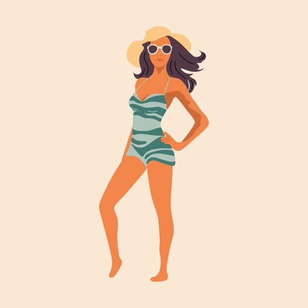 Vector a girl in a striped swimsuit with a hat and sunglasses stands on a yellow background