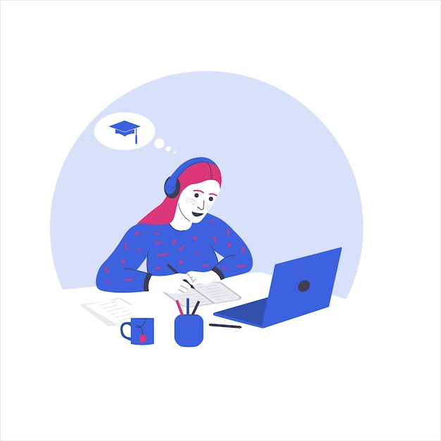 A girl student character with earphones and laptop in blue sweater with pink hair in vector