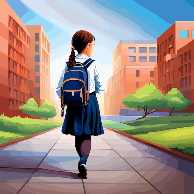 制服を着た女子生徒がバックパックを持って学校に行きます。新しい学年の始まり。 10 代の学生、女子高校生の肖像画、ベクトル イラスト
