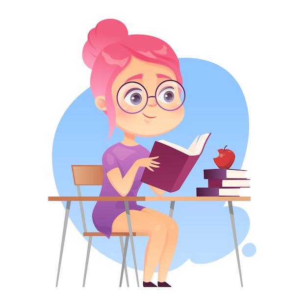 Girl student reading books doing homework at school or university Cartoon vector illustration