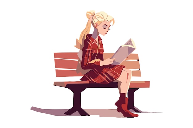 Студентка в красной рубашке и юбке читает книгу на скамейке в парке, фрилансер изучает образование, природу, свободное время, хобби