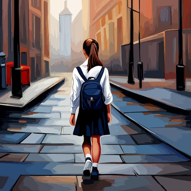 Vector girl student in school uniform goes to school with backpack education. beginning of a new school year. teenage student, female high school student portrait, vector illustration