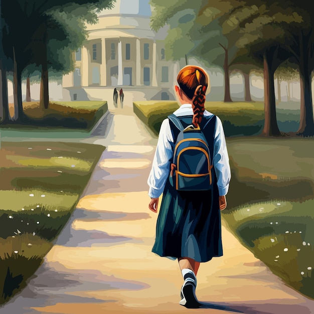 Ученица в школьной форме идет в школу с рюкзаком. Начало нового учебного года.