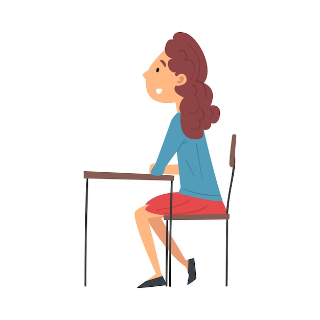 Girl student sitting at the desk in classroom and attentively listening side view vector