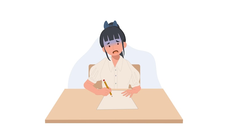 Vector girl in student uniform getting worry when doing an exam student girl can't do the exam stressful worried asian student vector illustration
