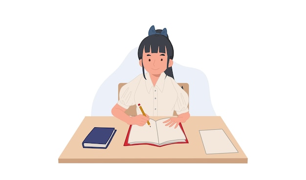 Girl in student Uniform is learning in classroomlecturing taking note in book Asian student Vector illustration