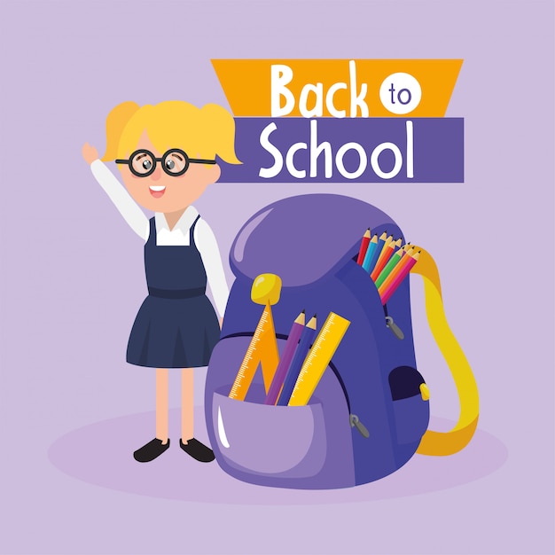 Girl student wearing glasses with backpack and utensils