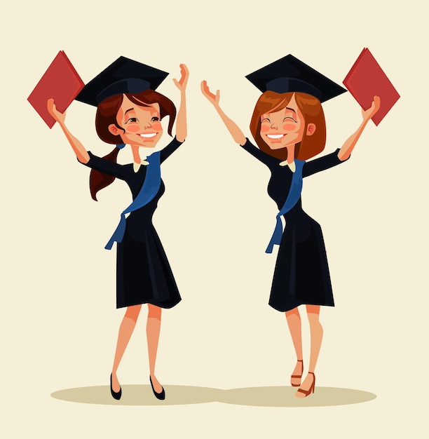 Vector girl students characters celebrate graduation.   cartoon