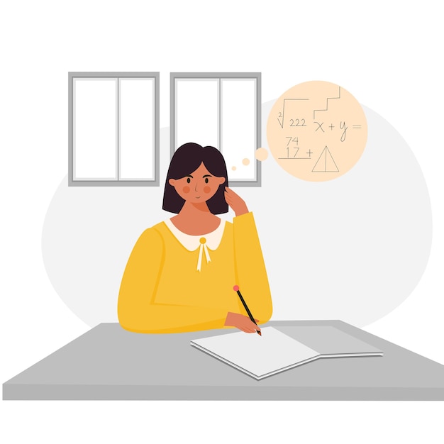 Girl study mathematics or math illustration Teen girl do homework from school illustration