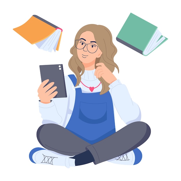 Girl studying books flat illustration