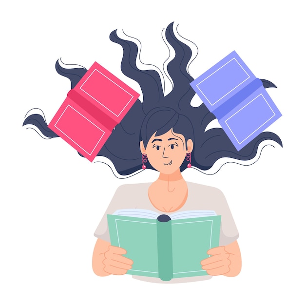 Vector girl studying books flat illustration