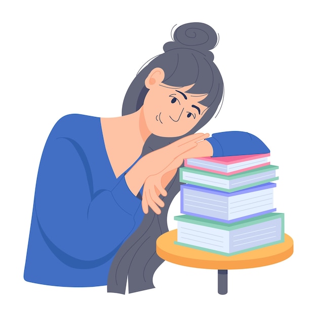 Girl studying books flat illustration