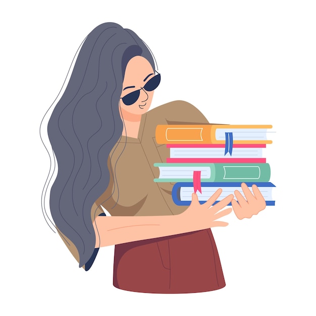 Vector girl studying books flat illustration