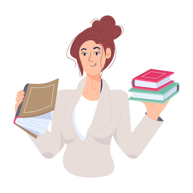 Girl studying books flat illustration