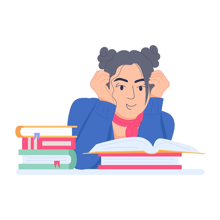 Vector girl studying books flat illustration