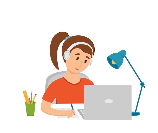 Girl studying online education at home cartoon vector illustration. Student workplace desktop computer doing homework surfing internet e-earning school lesson concept. Pupil kid learning process