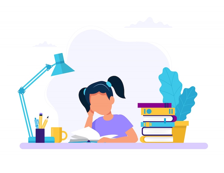 Вектор девушка учится с книгой.
