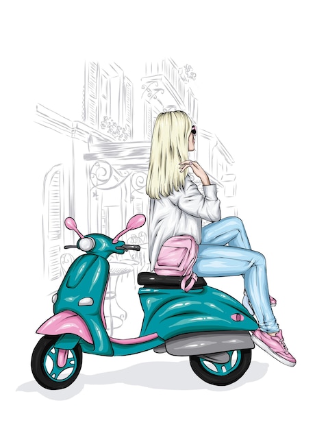 Girl in stylish clothes and vintage moped