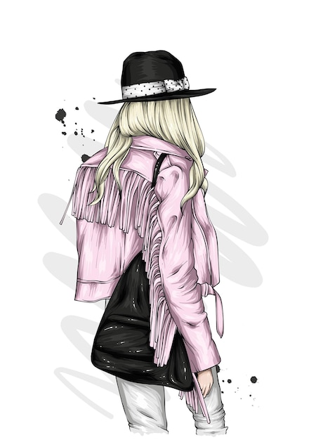 Girl in a stylish hat and jacket