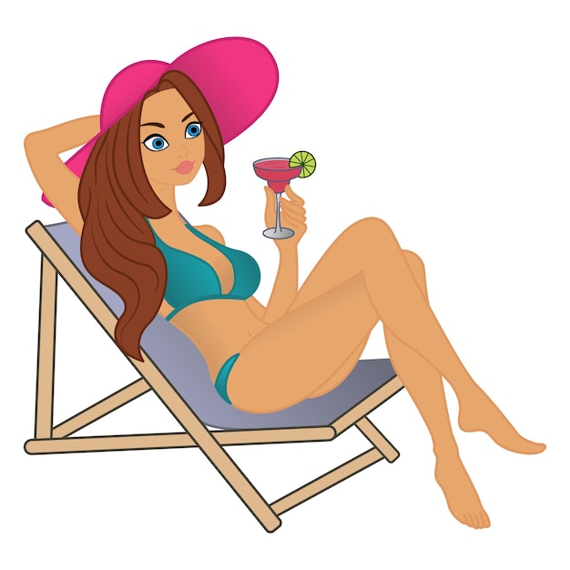 Девушка в летней шляпе отдыхает и пьет коктейль