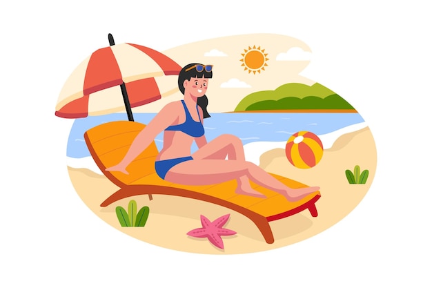Girl sunbathing at beach Illustration concept on white background