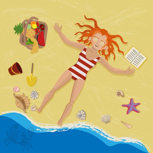 모래에 누워 일광욕 하는 소녀. 여름 휴가 그림입니다.